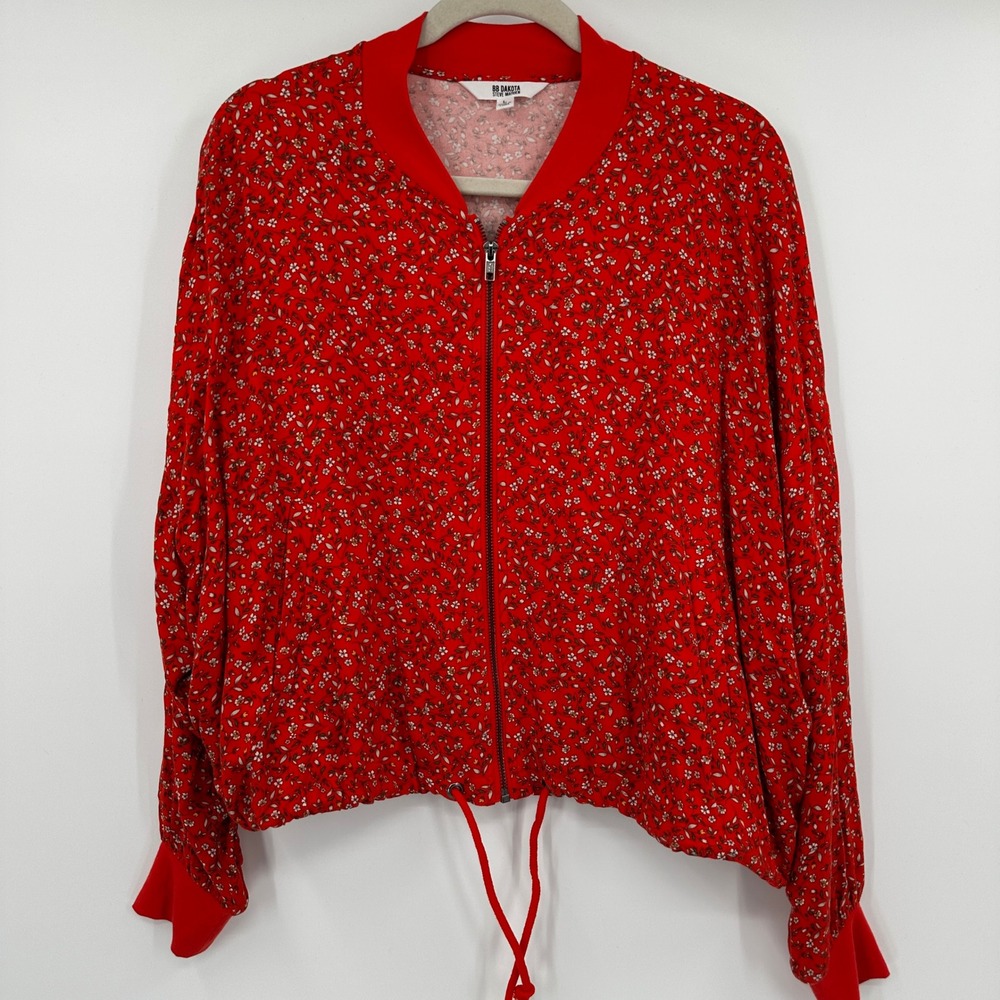 BB Dakota Cottagecore Bomber Jacket Red Floral Print Full‎ Zip Drawstring Large